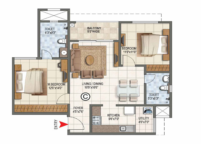 Birla Punya 2 BHK Floor Plan