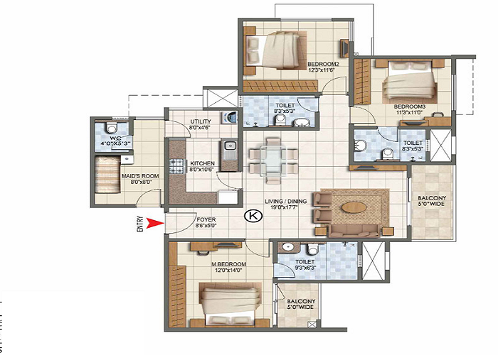 Birla Punya 3 BHK Floor Plan